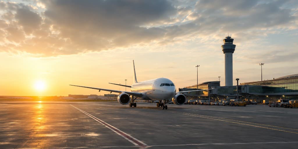 Commercial aircraft on the tarmac at sunset with terminal and control tower