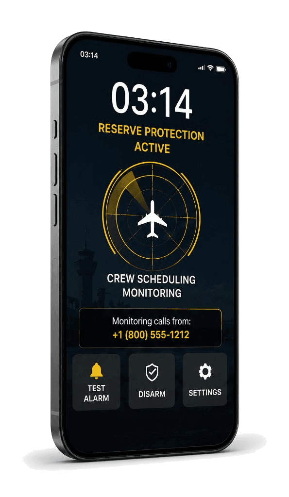 Crew Alarm on iPhone — reserve protection active, crew scheduling monitoring