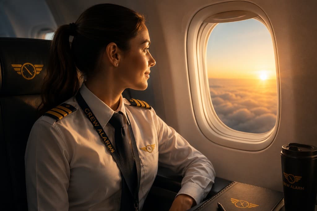 Pilot in uniform seated in the flight deck at sunset above the clouds