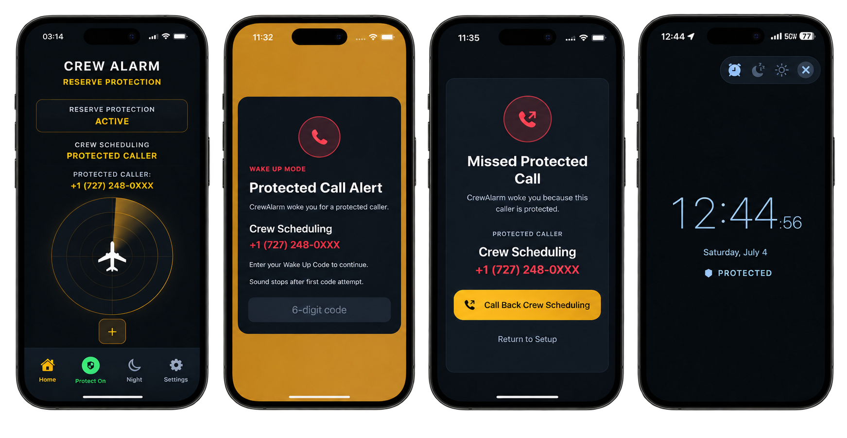 Crew Alarm app flow: reserve monitoring, missed scheduling call alert, enter crew code, and alarm acknowledged